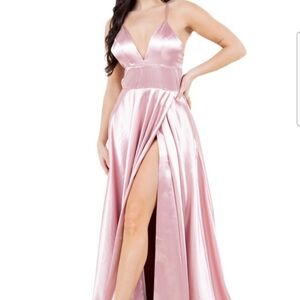 Satin Rose Gold Plunge V-Neck Prom Gown with High Slit
